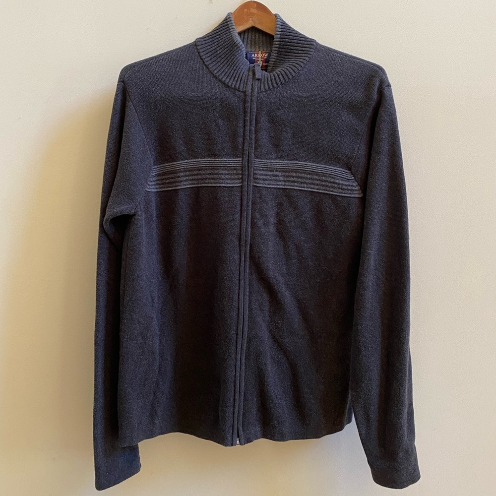 EUC! Arrow Zip Front Charcoal Gray Cardigan W/ Chest Stripe Cotton High Neck, M